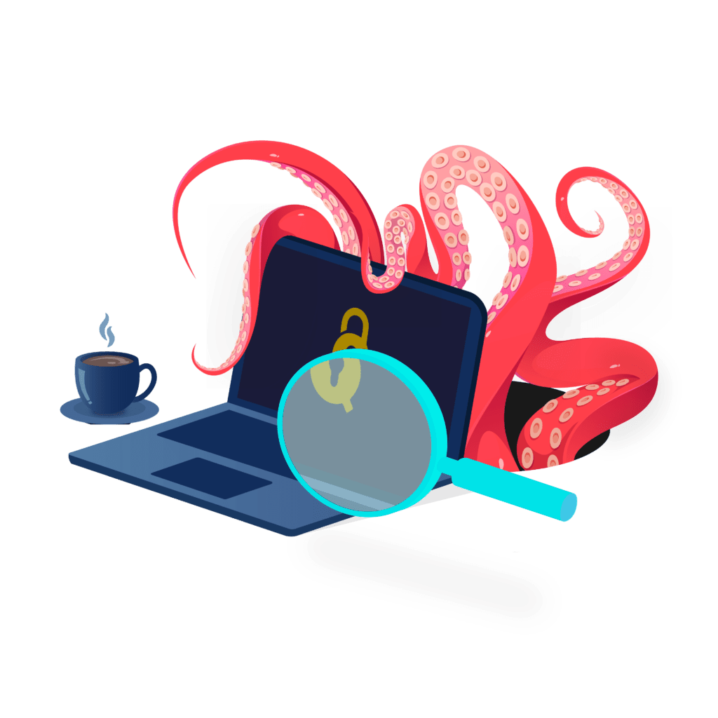 Octopus perfoming cyber security on a laptop