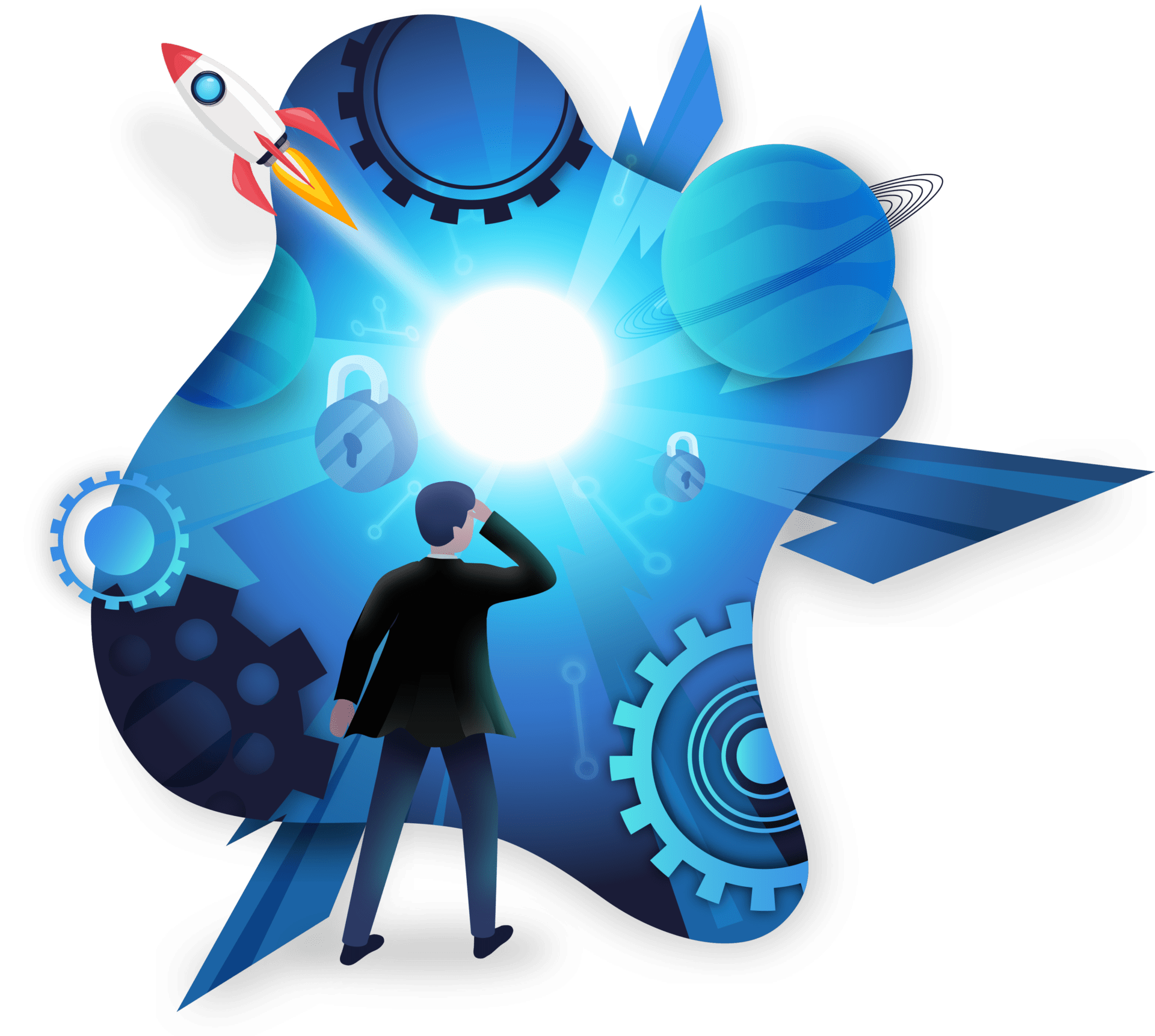 Man looking into a universe of cyber security